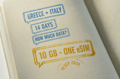 Passport stamps that also read as chat messages: three blue stamps saying Greece + Italy, 14 days, and How much data?, answered by a larger gold stamp reading 10 GB - one eSIM.